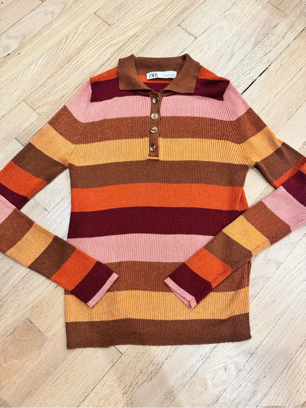 Zara Multicolor Striped Ribbed Glitter Polo Sweater